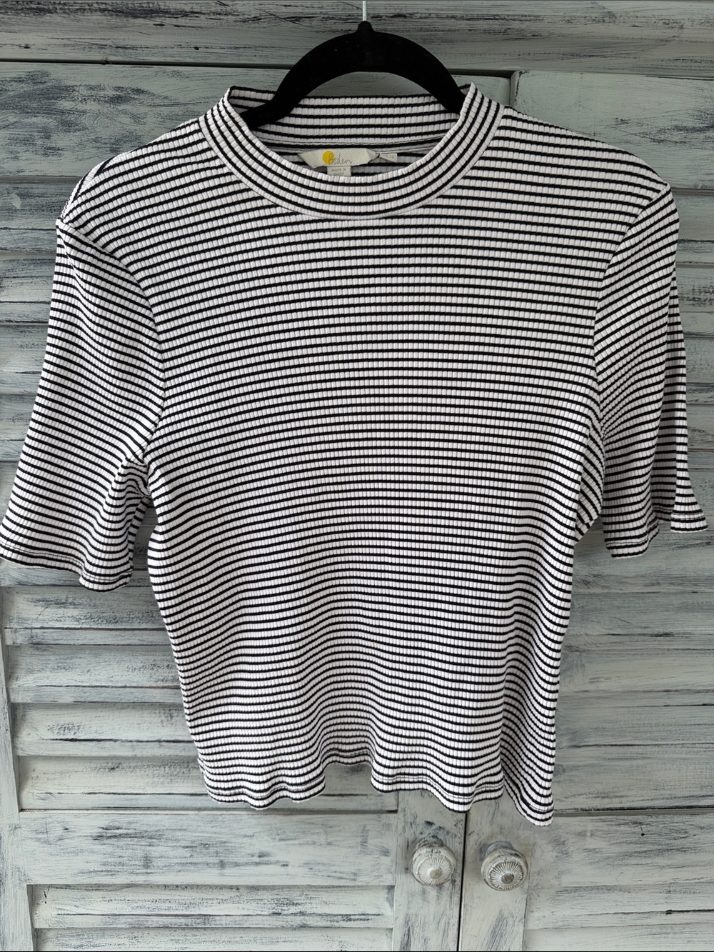Boden Black & White Striped Ribbed Mock Neck Tee Size 14